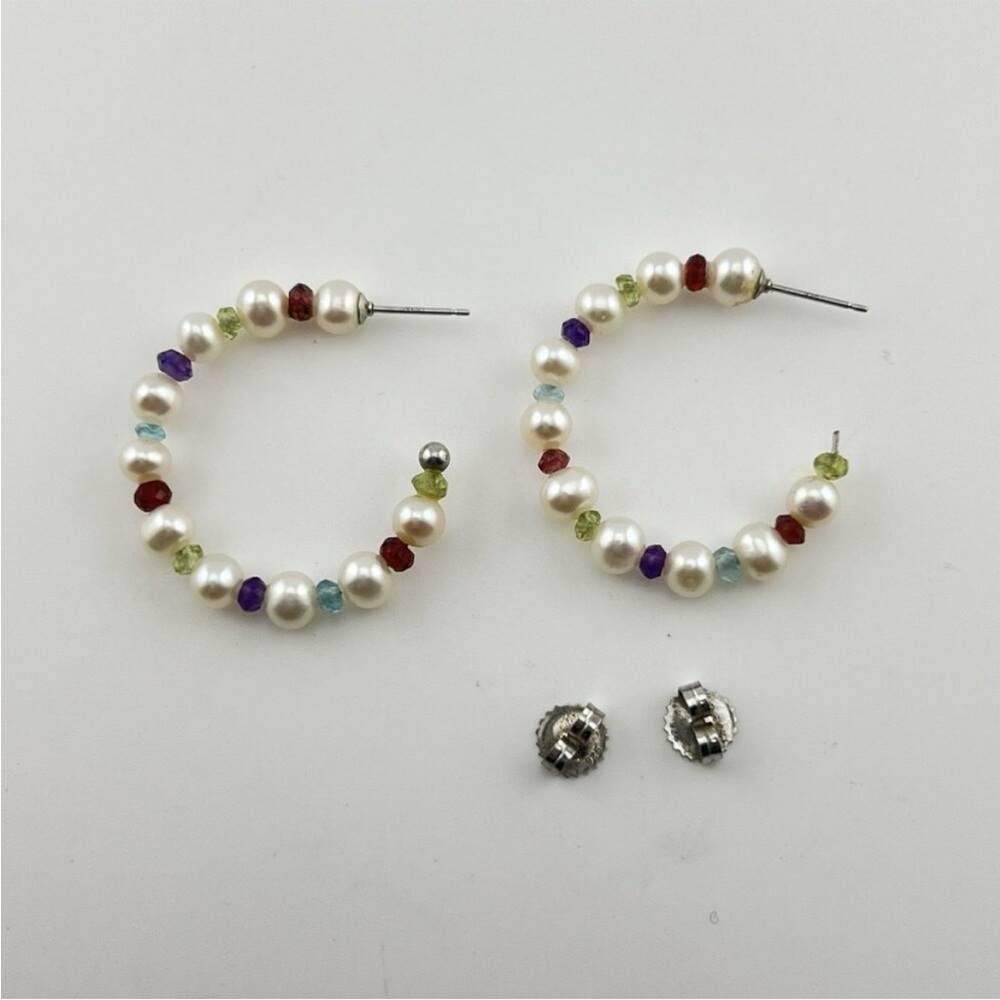 Honora “As Is” White Pearl & Multi-Gemstone 1-1/4” Hoop Earrings - Picture 3 of 14